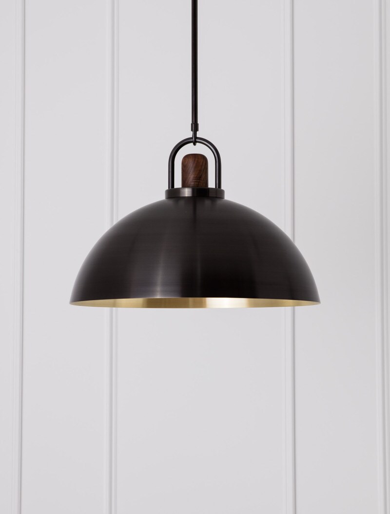 Arc 20" shown in Blackened Brass, Black Walnut, Opal Globe